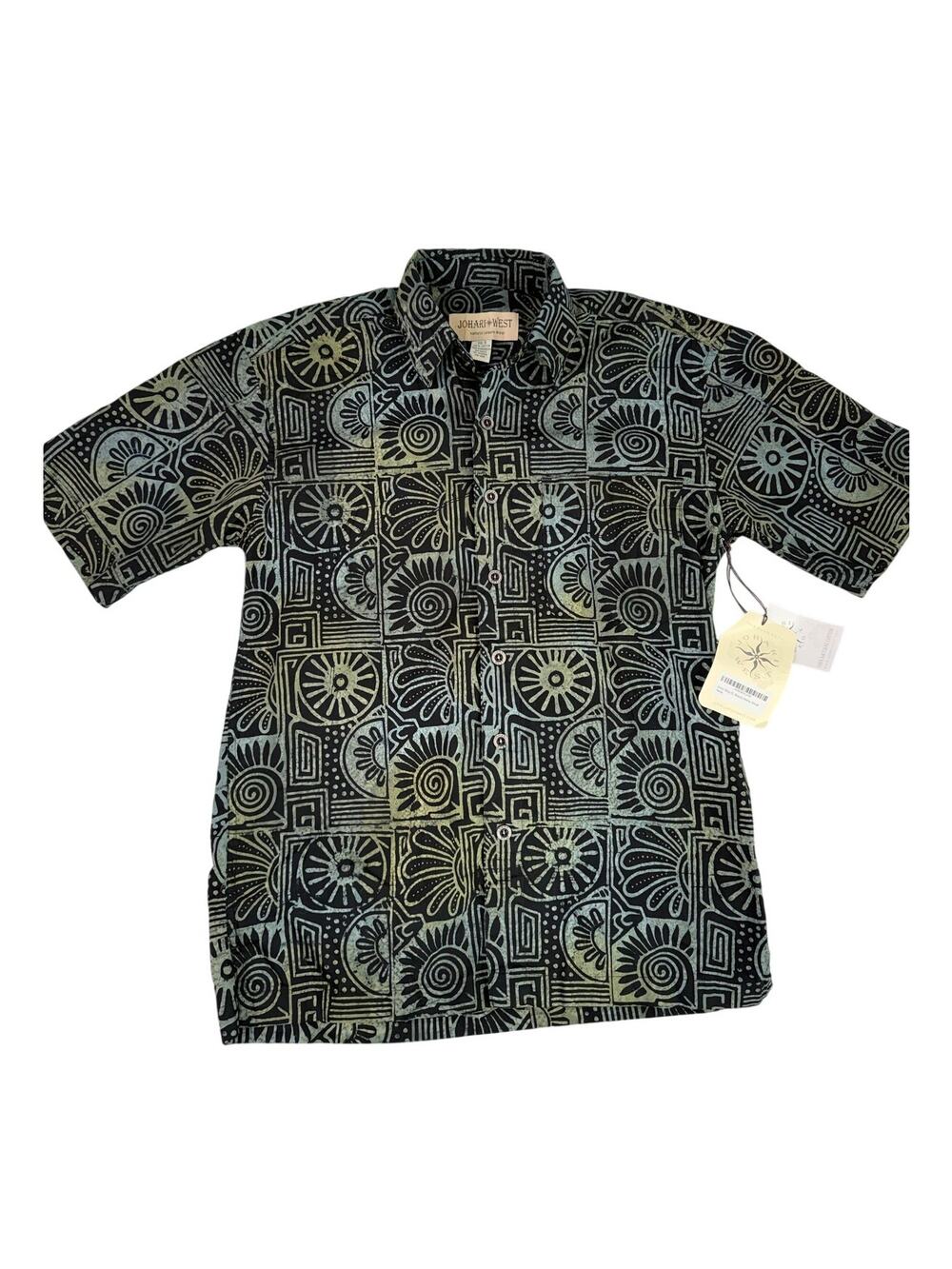 Johari West Men's Hawaiian Shirt Black Green Tribal Short Sleeve Button Up NEW